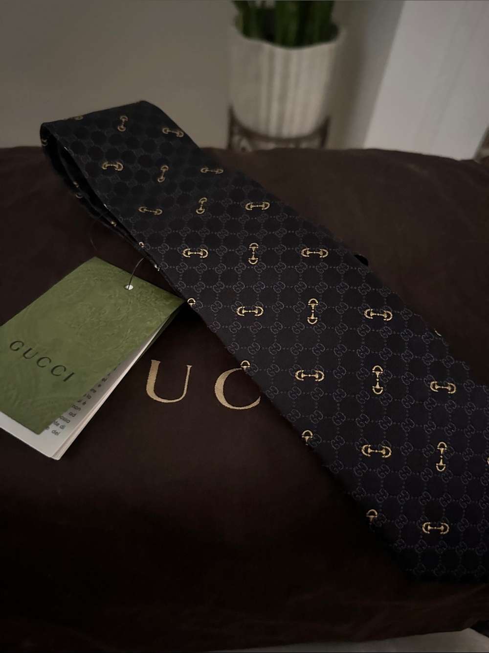 Gucci Black Silk Tie with Gold Horsebit & GG Motif